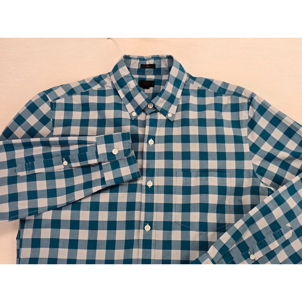 J Crew Mens Slim Medium Teal Gingham Button Down 100% Cotton Friendly Prep